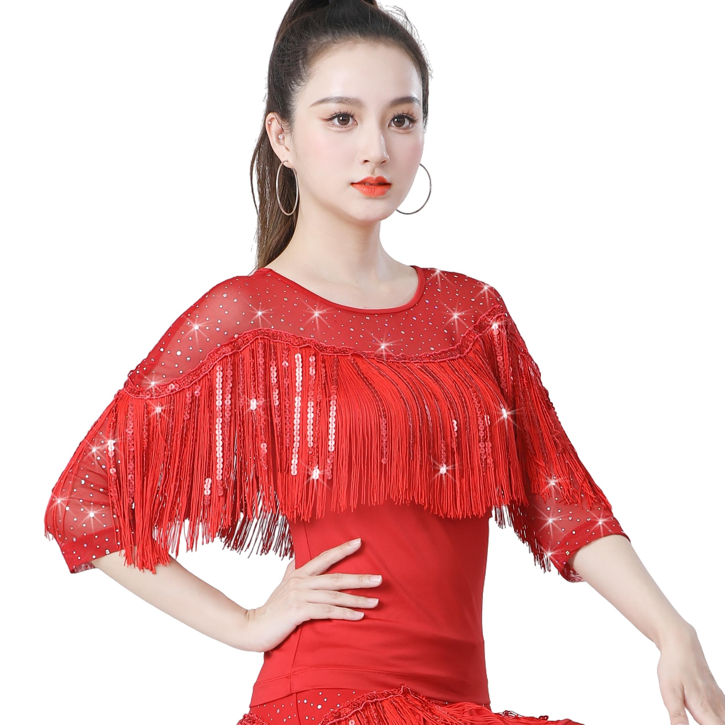 Top da donna per danza latina, danza da sala, abbigliamento da ballo moderno, Jitterbug con paillettes