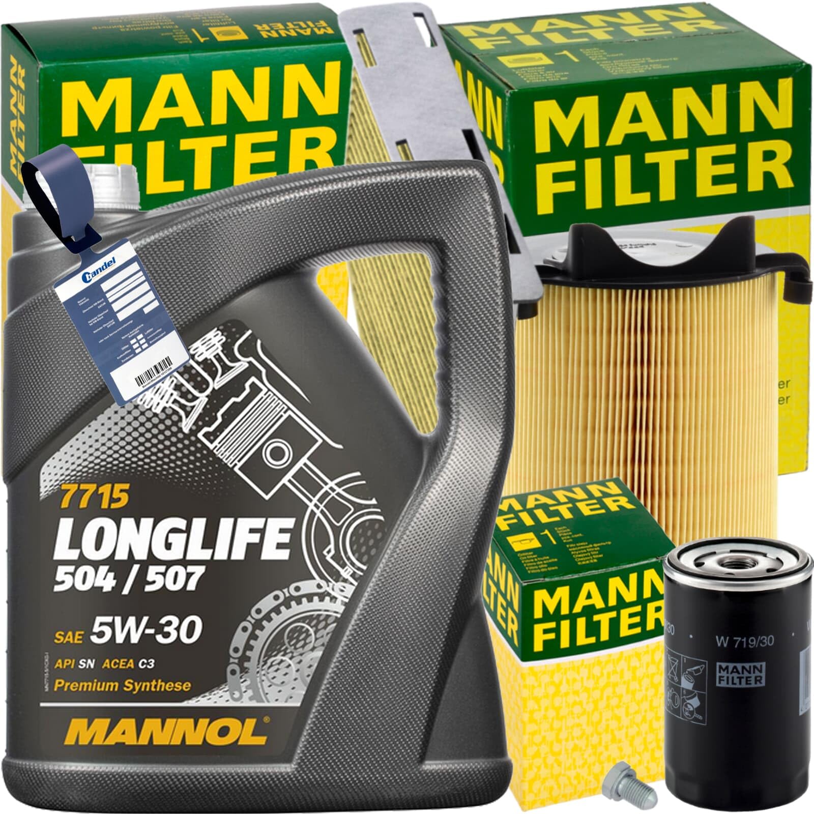 Mann Inspektionspaket+5L Mannol 504 5W-30 Öl | FP2939 (LAK181)+C14130+W719/30+588.670.001+MN1801 passend für A3 8P