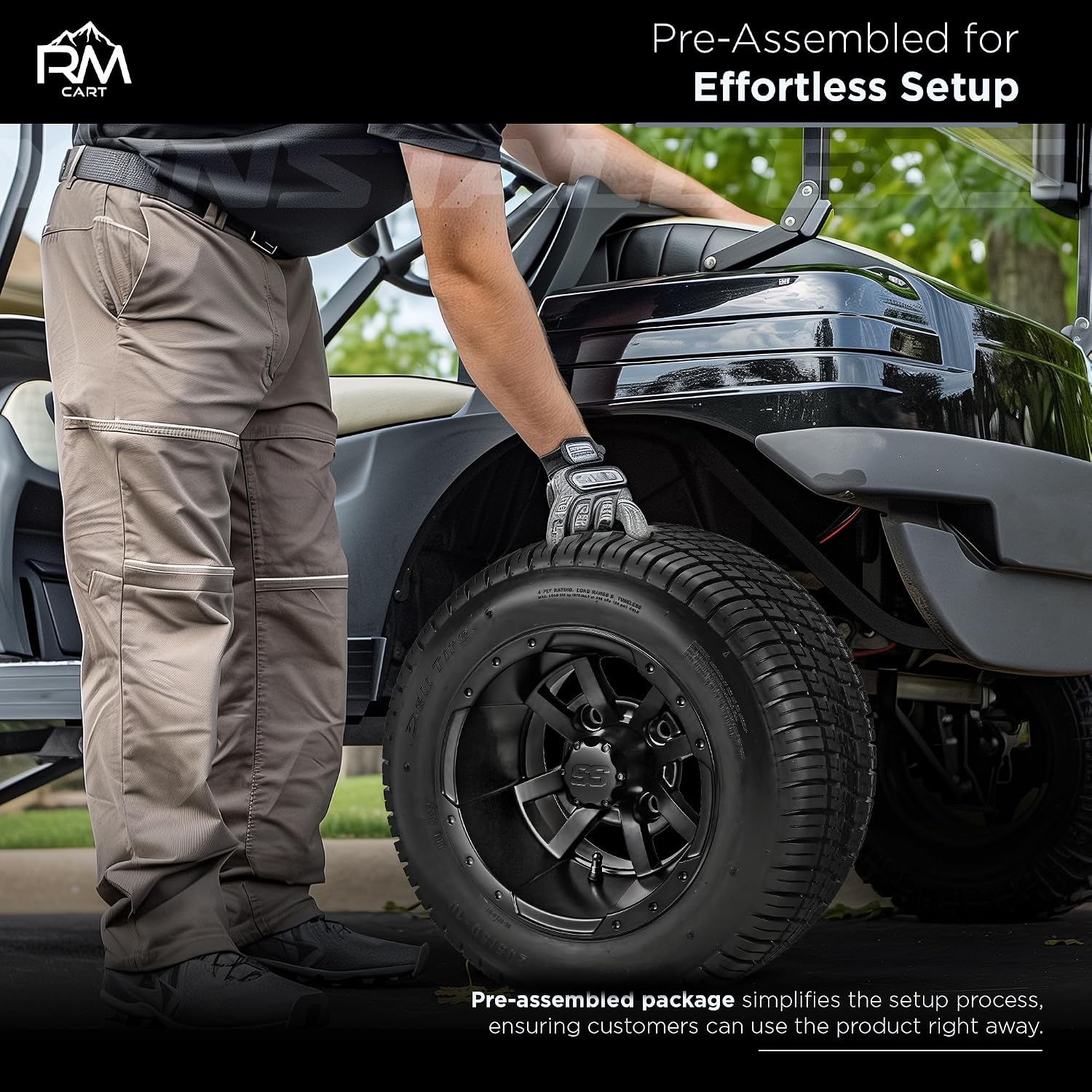 RM Cart 10" Maltese Cross Matte Black on 205/50-10 Deli Low Pro Tires (Set of 4) | Golf Cart Tires and Wheels Combo with Standard Lug Nuts