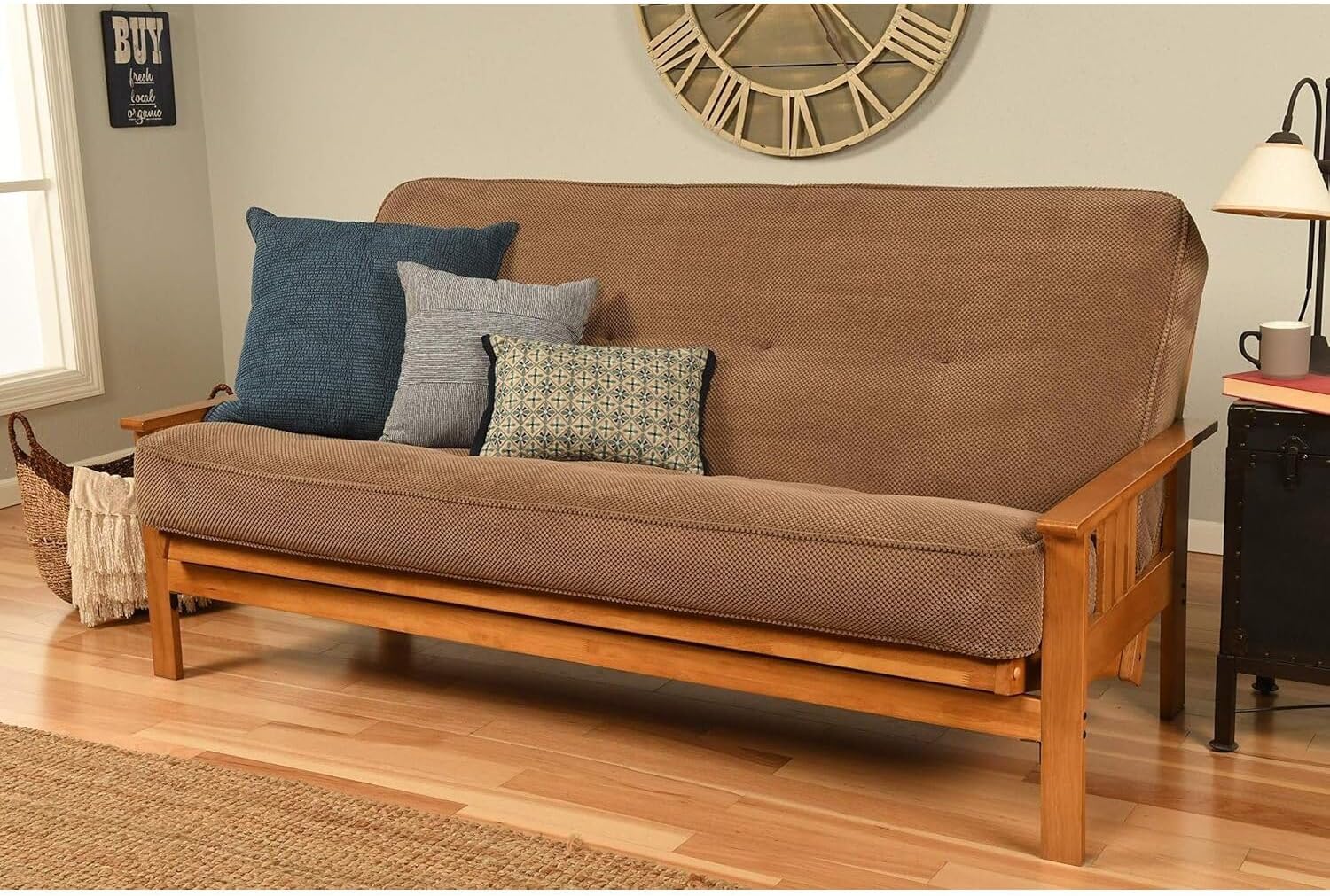 Maykoosh Futon Frame Set with Mattress - Butternut Finish, Foldable Sofa Bed, Living Room Design