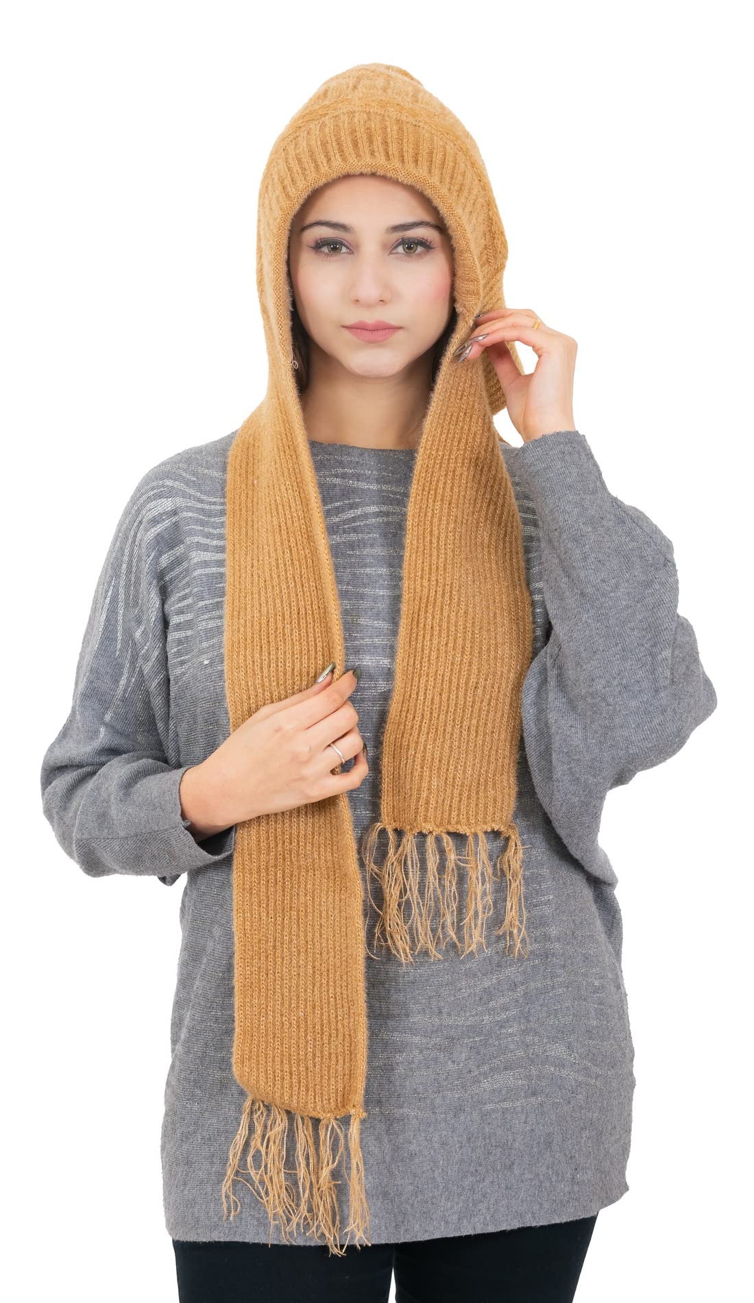 AMOLDOWomen Pure New Wool Solid - Woolen Cap & Scarves Winter Cap & Muffler for Girls and Women, Beige Plain, One Size