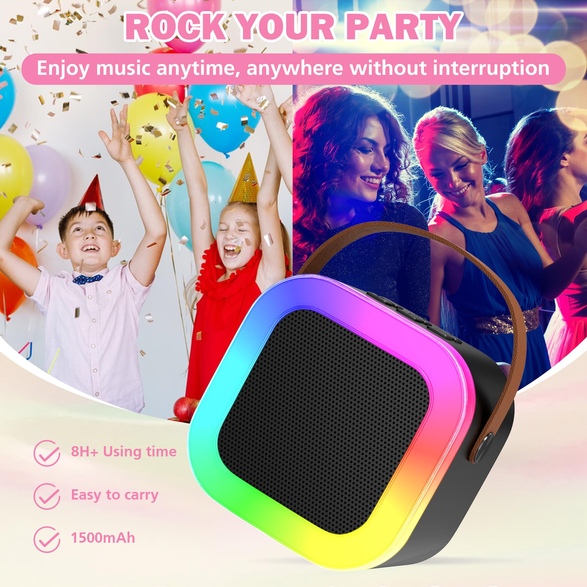 Mini Machine de karaoké pour Enfants et Adultes, Haut-Parleur Bluetooth Portable avec 2 Microphones sans Fil, Cadeaux d'anniversaire pour Filles âgées de 4, 5, 6, 7, 8, 9, 10 Ans et（Black）