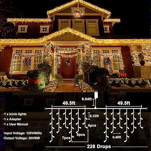 Miniatura 57 de Luces de Navidad de carámbano para exteriores, 33 pies, 400 luces LED de carámbanos para exteriores, luces parpadeantes para interiores con 8 modos