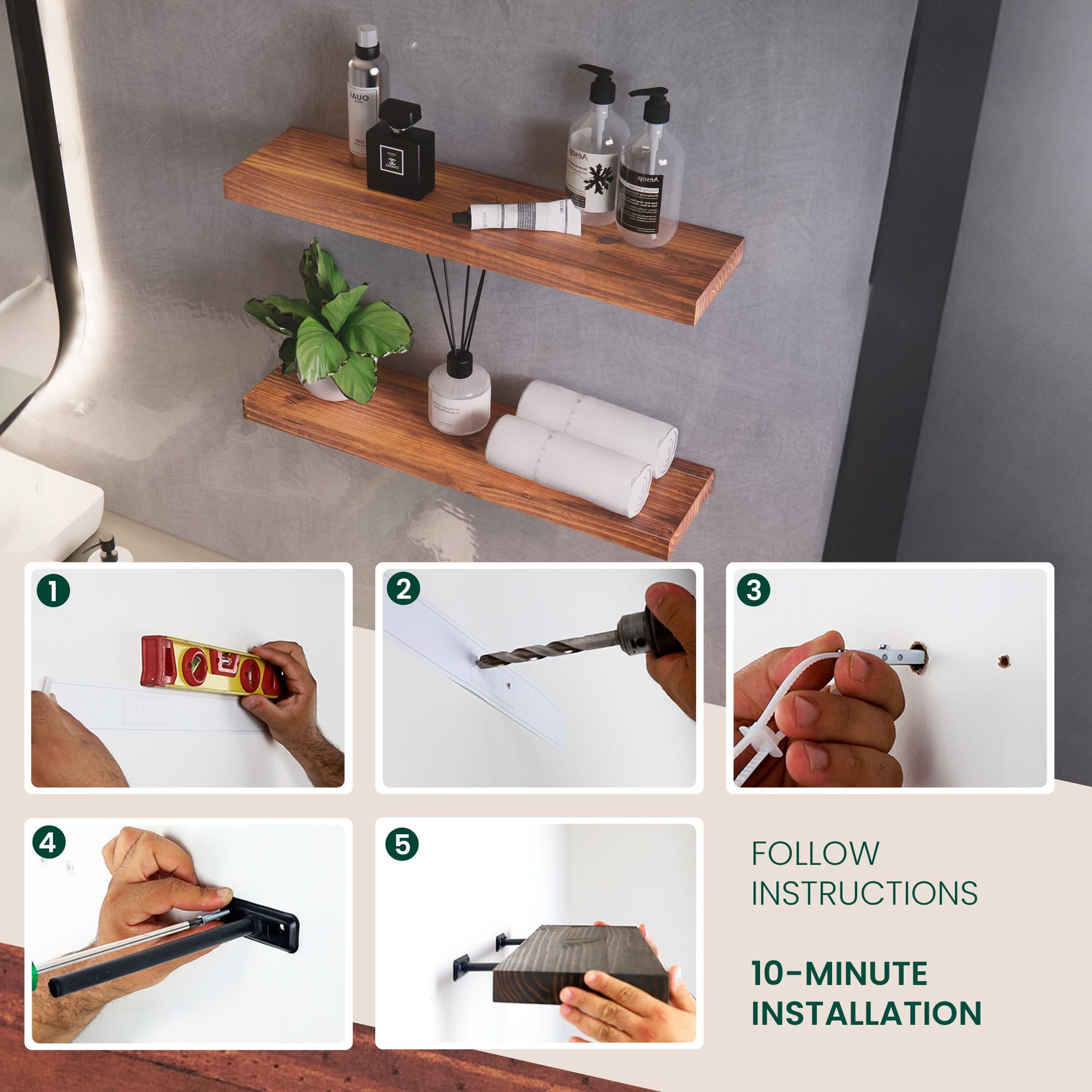 Letto - Estantes flotantes de madera maciza, madera de pino de reforestación de 36 pulgadas, estantes flotantes de madera natural y respetuosa con el medio ambiente, resistentes al agua, madera