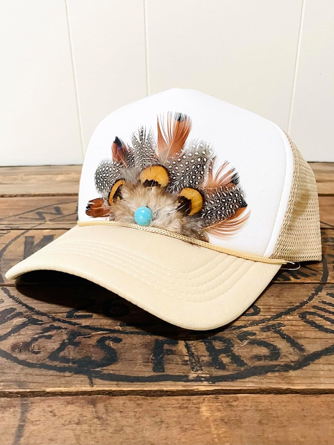 Feather Trucker Hat with Turquoise Bead, Woman's Tan and White Foam Snapback w/Rope Detail, Pheasant Feather Mesh Back hat, Boho Rodeo Western Cowgirl Cap
