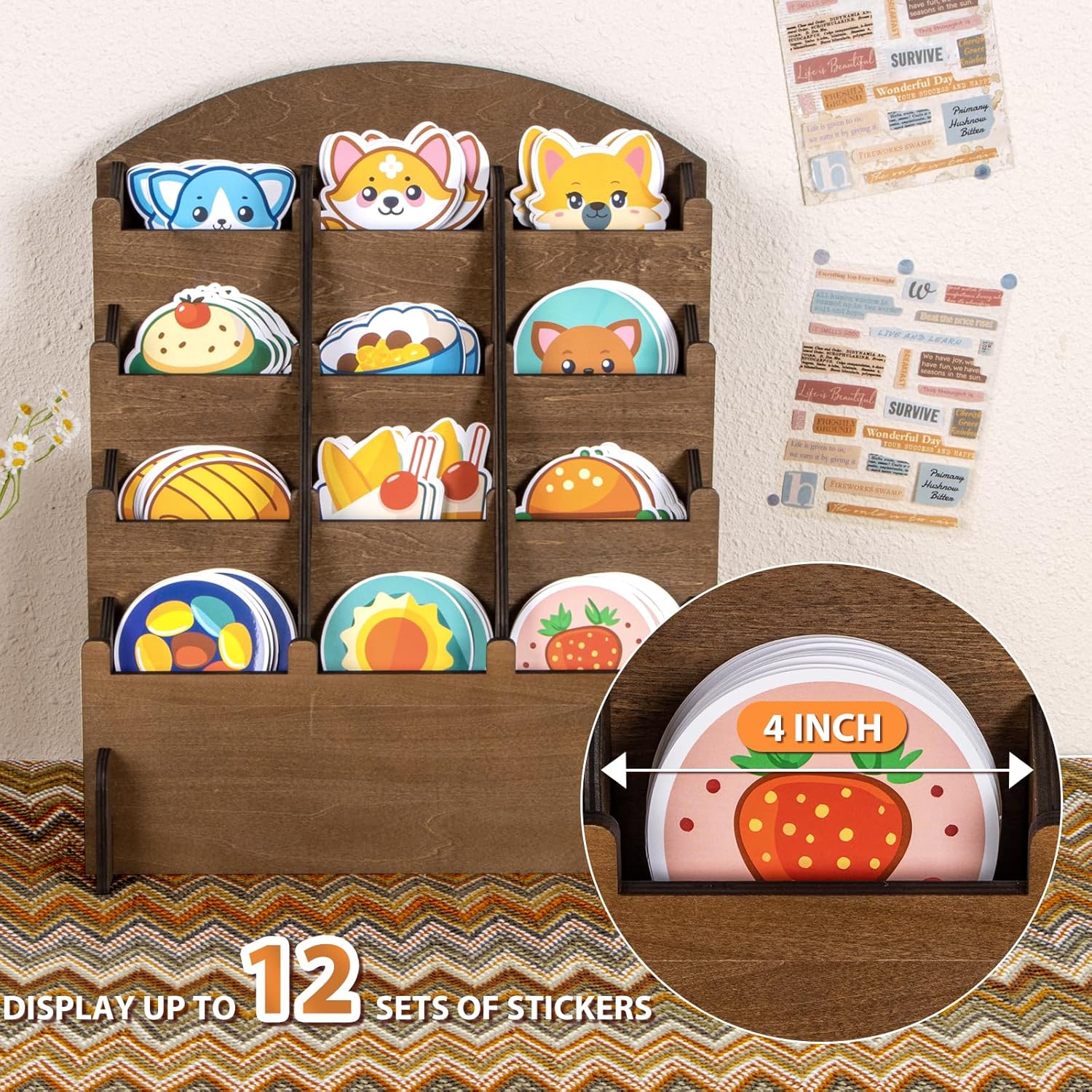 PUERSI Wooden Sticker Display Stand, Sticker Holder Display Organizer with 12 Pockets for Greeting Card, Postcard, Coaster, Bookmark, Brochure, Vendors, Retail, Brown
