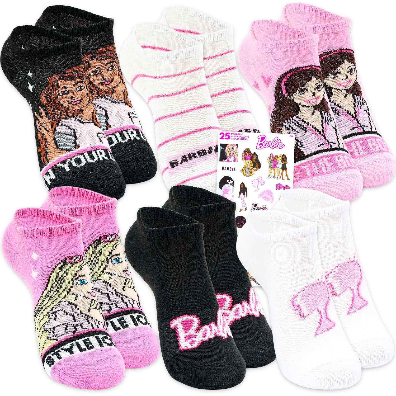 Socks for Women Set - Bundle with 6 Pairs of No Show Socks Size 10-4 Adults Plus Stickers | Bulk Barbie Socks for Teens, Girls