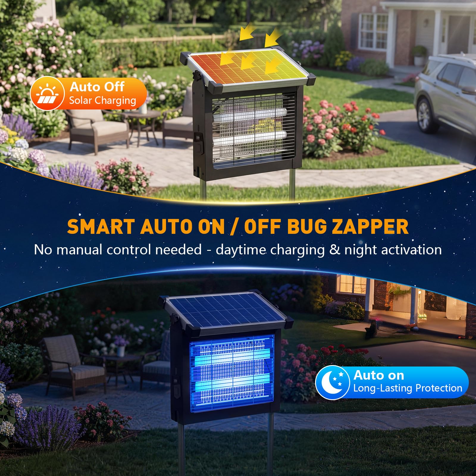 Eliminador solar de insectos para exteriores, 4500 V, solar, para exteriores e interiores, cobertura de 1/2 acre, inalámbrico recargable, eléctrico, trampas para mosquitos IPX5 impermeables para patio