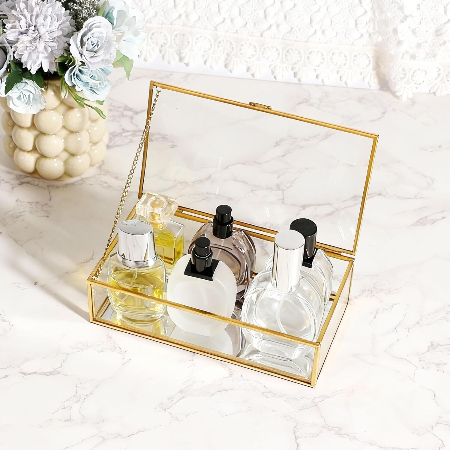 Feyarl Gold Glass Jewelry Box Clear Keepsake Photo Display Box Trinket Ring Earrings Storage Organizer Box Display Case Holder for Dresser Home Decor Wedding (8 x 4.3 x 2.2 inch)