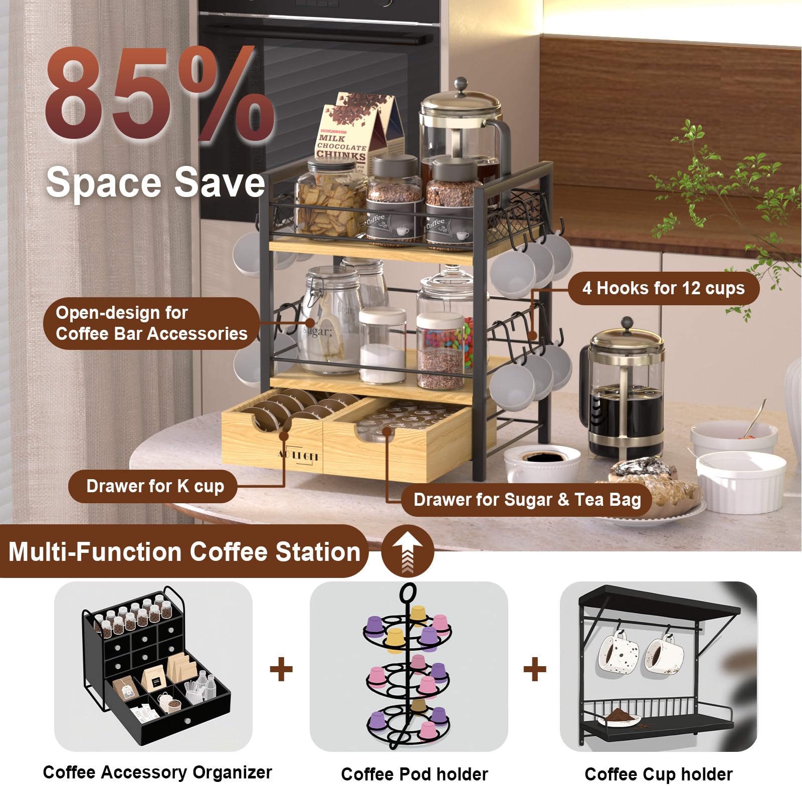 AO LI GEI Coffee Bar Organizer Countertop Station Shelf, 3 Tier Coffee Pod Mug Cup Holder with Drawer Accessories Organizer Rack with 12 Hooks for Multifunctional Shelf Kitchen Condiment Storage
