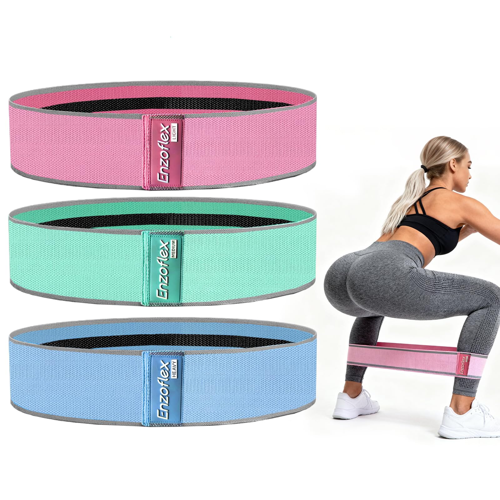 Enzoflex Resistance Bands for Working Out, Non-Slip Fabric Exercise Bands for Women and Men, Booty Elastic Bands for Legs and Butt, Hip Workout & Glute, Pilates & Home Fitness