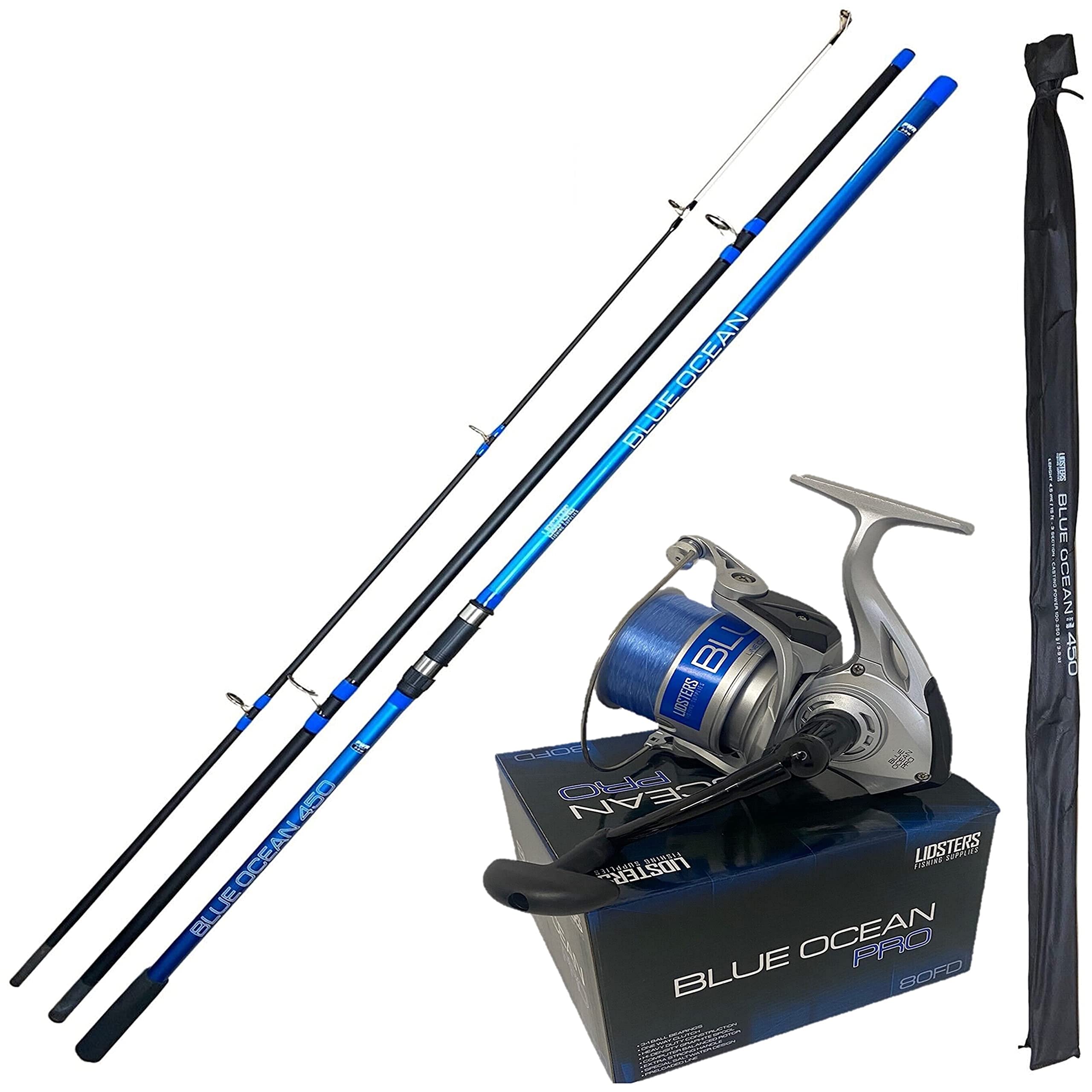 LFS Blue Ocean Sea Beach Fishing Rod 15ft 4.5m 3pc + Ocean Pro 80 Reel