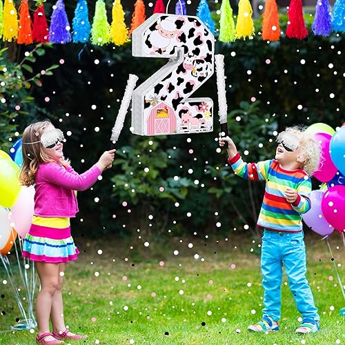 Miniatura 4 de Jexine Piñata de vaca número 2 de 16 pulgadas, granja de vacas rosadas, 2 piñata, fiesta, suministros de fiesta de cumpleaños con palo vendados y