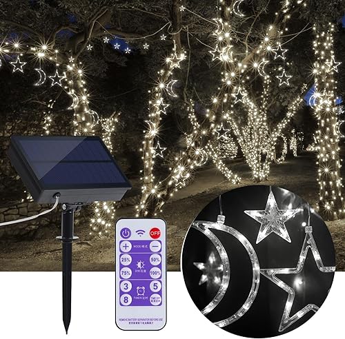 Miniatura 7 de Guirnalda de luces solares con diseño de estrella y luna, 138 luces LED blancas con 8 modos de iluminación, ajuste de atenuador, ajuste de brillo,