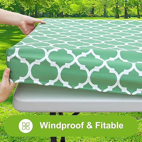 Miniatura 49 de Smiry - Mantel rectangular para mesa de pícnic, impermeable, elástico, ajustable para mesas de 6 pies de vinilo con parte trasera de franela Verde