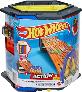 Hot Wheels Track Builder Action, Pista de Carreras Desplegable, Juego de Pista con Pista de Carreras de 5 Carriles y Cubo de Almacenamiento de