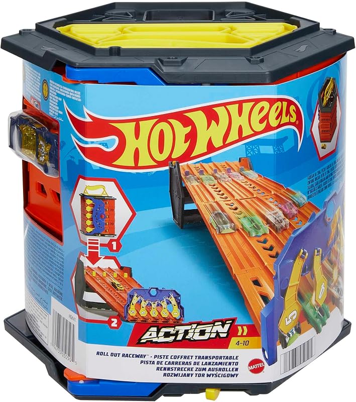 Track Builder Action, Roll Out Raceway, Track Set with 5 Lane Racetrack and Toy Storage Bucket, Includes 1 Toy Car, Toys for Ages 4 to 10, One Pack, HGK41 | Storage Bucket Unrolls into 5-Lane Racetrack for Multi-Car Play, Connects to Other Sets, HGK41