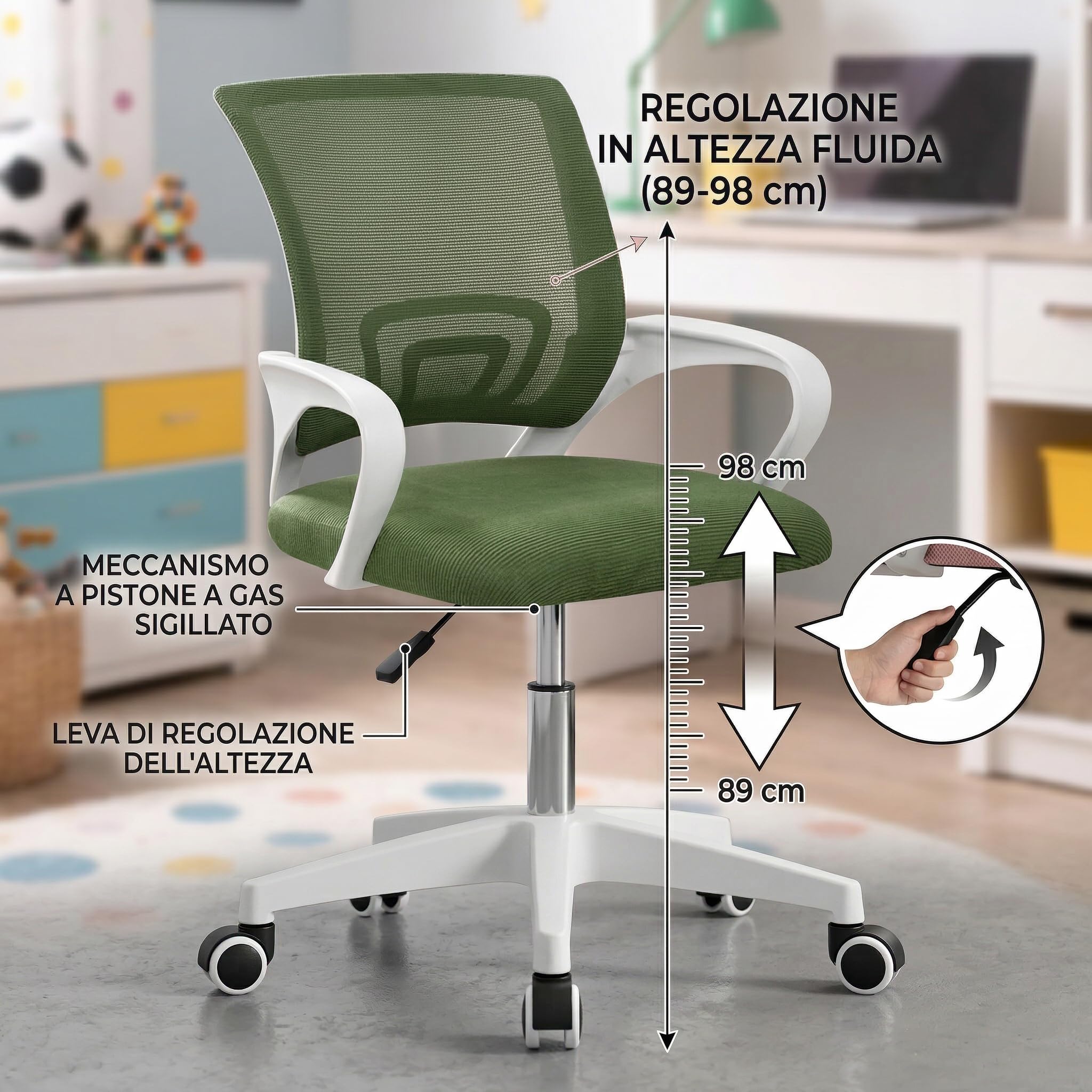 Cribel CINDY Sedia da Cameretta Verde Ergonomica con Schienale in Rete Traspirante, Seduta Imbottita, Braccioli Integrati e Ruote 57.5x61.2x89-98 cm