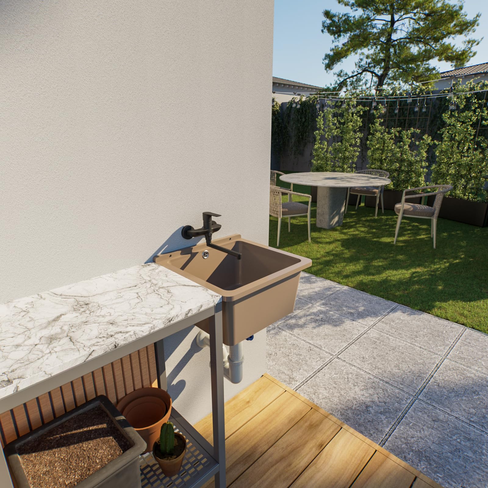 QLS Lavandino Esterno Giardino Garage Cantina Lavanderia Officina (Beige) 40 x 38 cm in Plastica, Installabile a Parete, Ideale per Interni ed Esterni