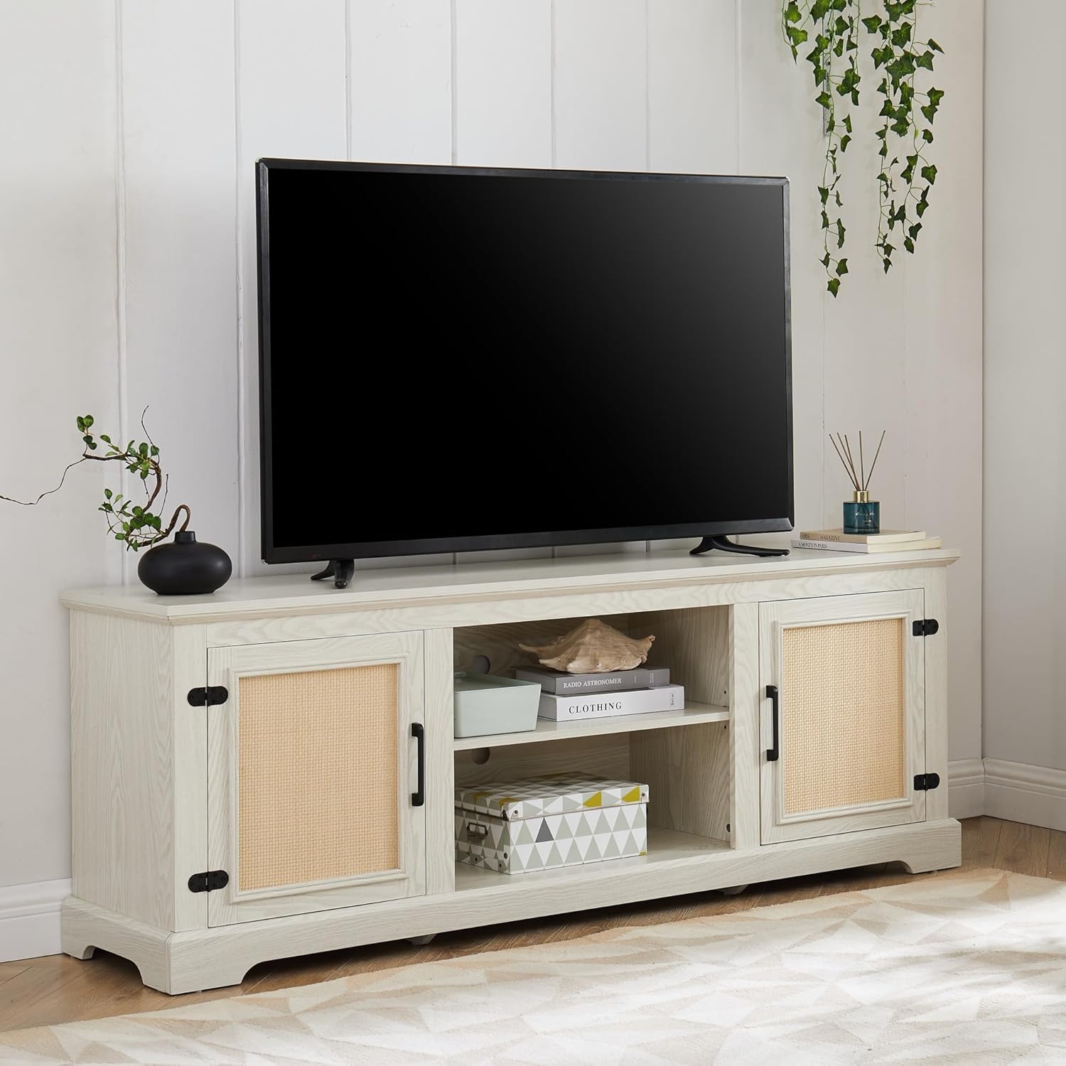 65" W Farmhouse Console Table for TVs Up to 70 Inches, Rattan TV Stand with 2 Storage Shelves and 2 Rattan Doors, TV Media Stand for Living Room, Bedroom (White)