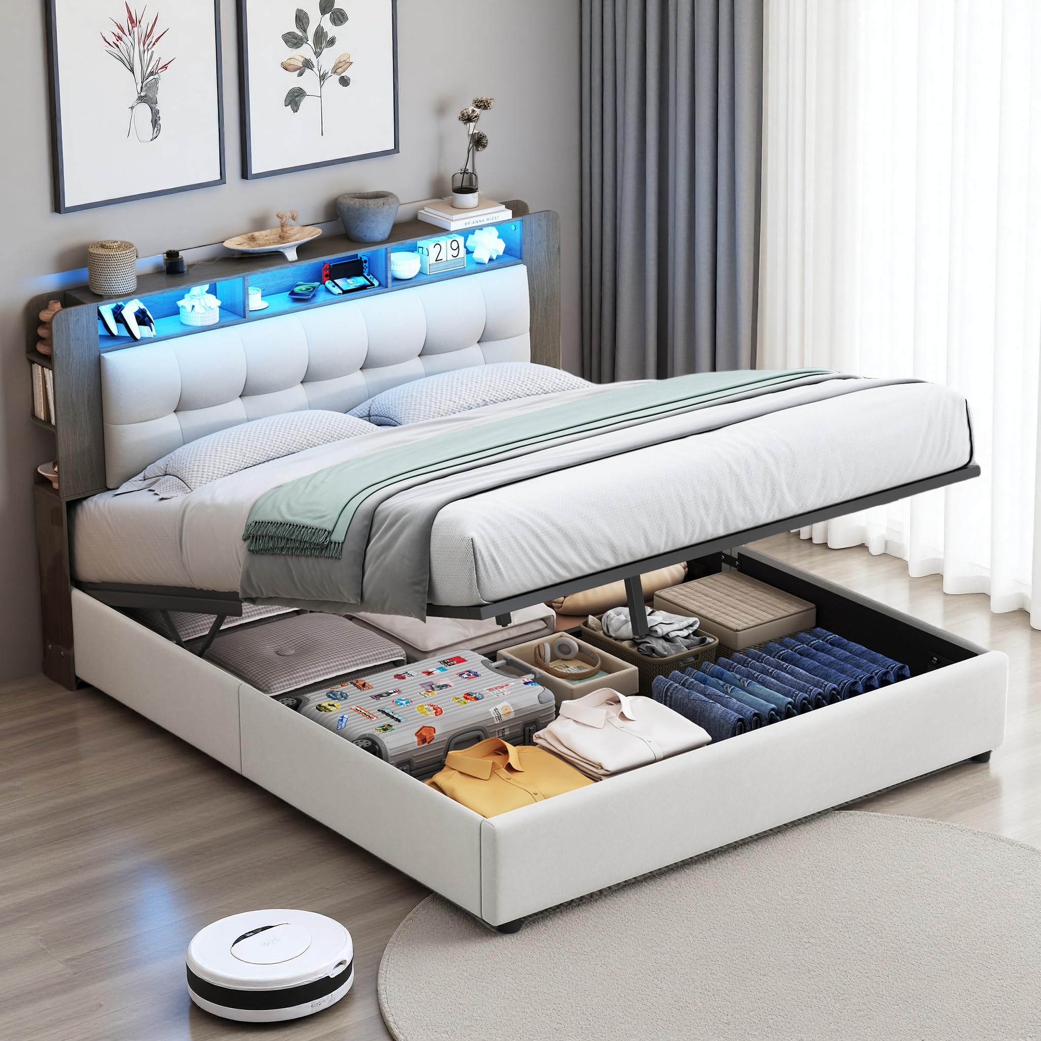 Letto imbottito 160 x 200 cm, letto matrimoniale a LED con testiera e USB, letto idraulico, struttura del letto con rete a doghe in legno, Velluto, senza materasso