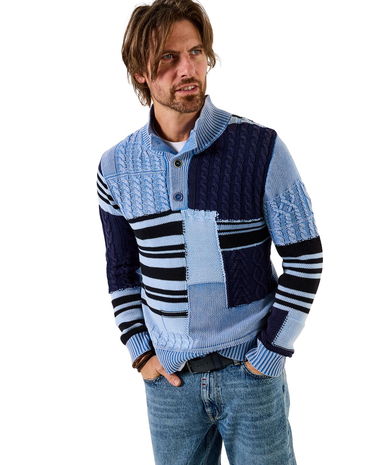 Joe Browns Men's Patchwork Cable Funnel Knit, Regular, Blue, UK L
