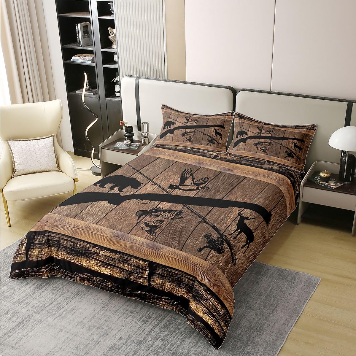 Homewish Wędka polowanie super king poszewka na kołdrę ryba kaczka jeleń niedźwiedź rustykalny bawełna zestaw pościeli jezioro kabina kołdra poszewka vintage moro wiejskie zestawy łóżek
