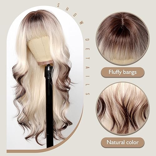 Miniatura 9 de testar Pelucas rubias para mujeres blancas de 22 pulgadas, peluca rubia platino con flequillo, pelucas de repuesto de cabello de aspecto realista,