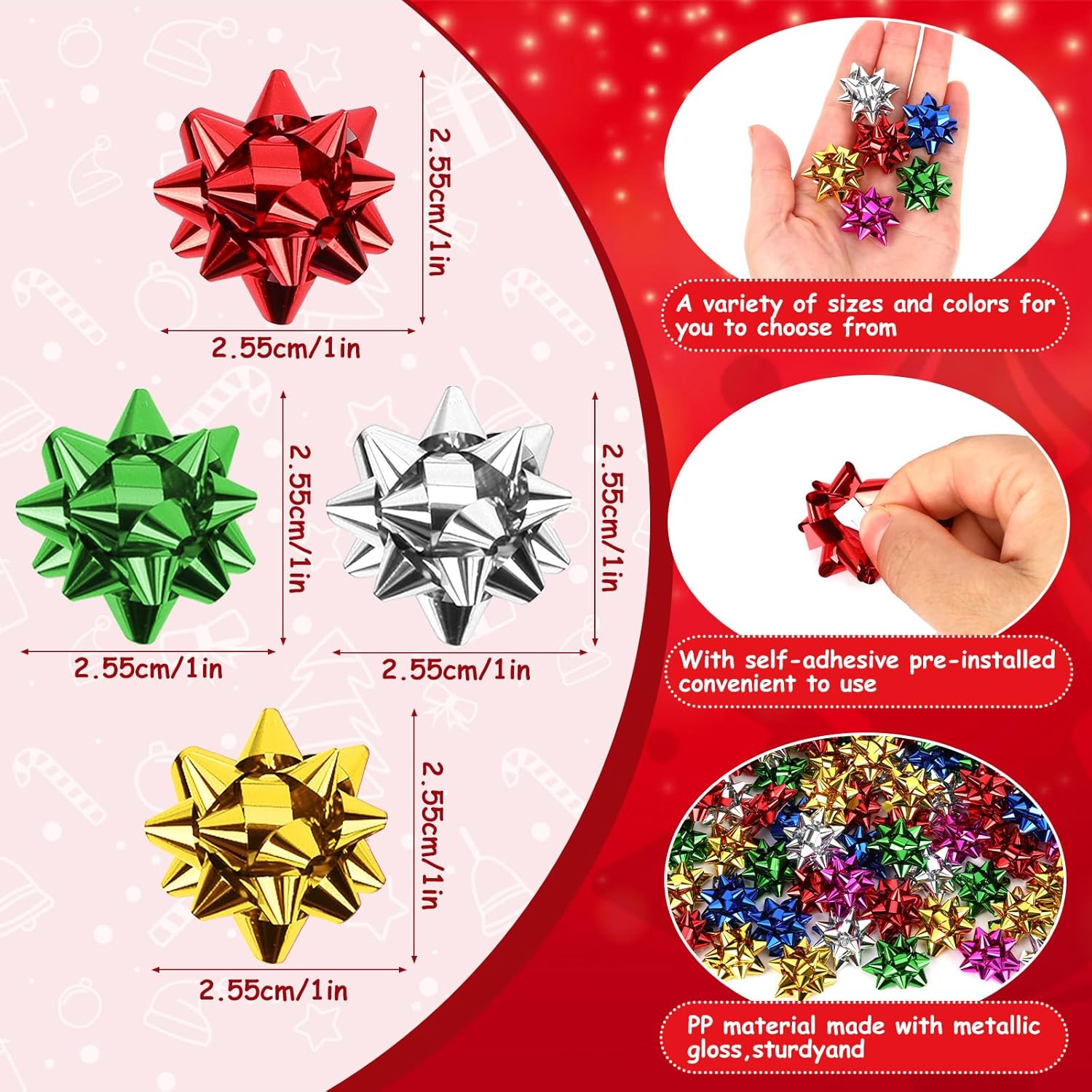 DECYOOL 1 Inch Mini Gift Wrap Bows, 200pcs Christmas Red Green Gold Silver Self Adhesive Metallic Bows for Holiday Christmas Birthday Party Favor Packaging Decorations