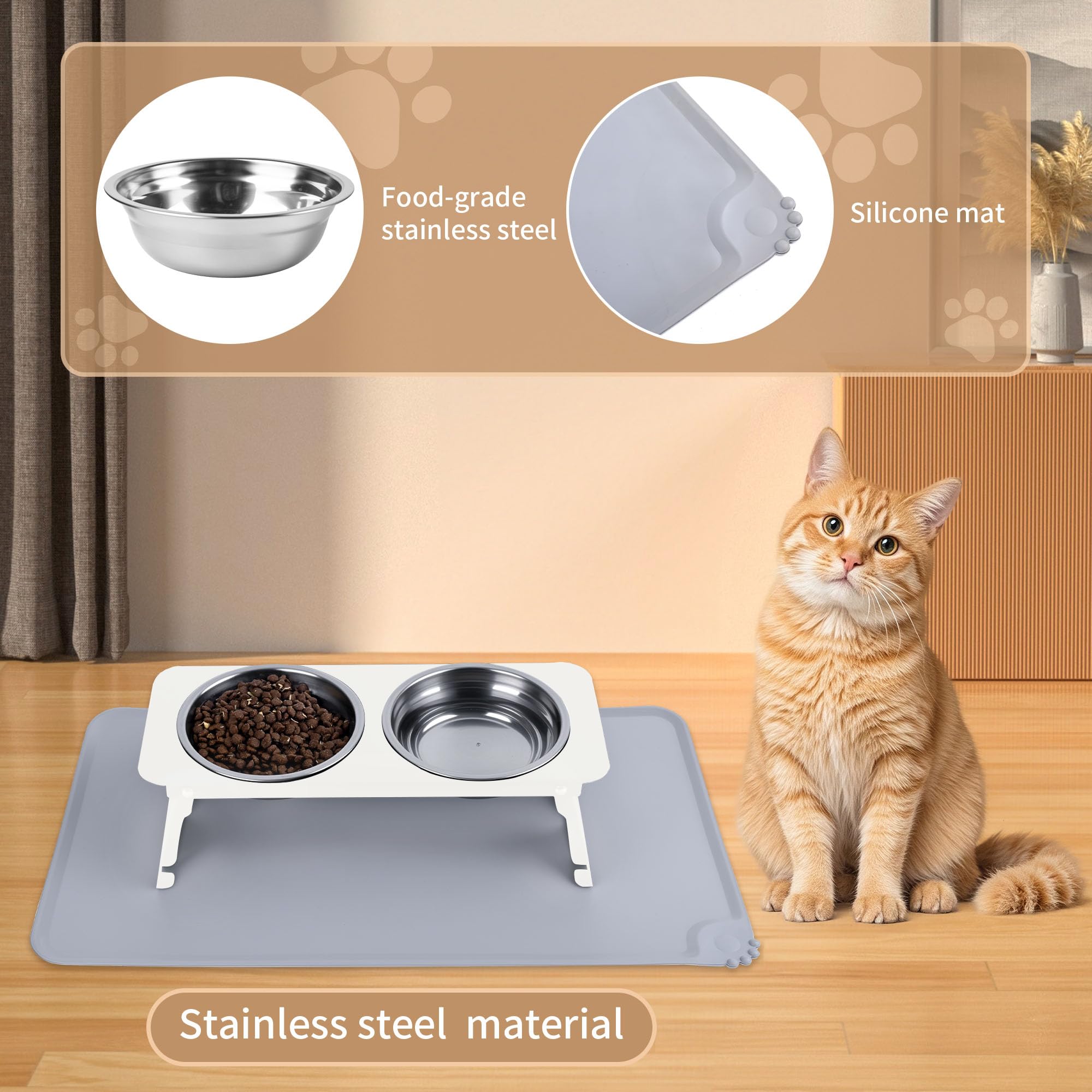 Erhöhte Katzennäpfe, 2 erhöhte Futternäpfe aus Edelstahl mit Silikonmatte, zusammenklappbar, Keine Montage, zusammenklappbar, erhöht für den Innenbereich, leicht zu reinigen und aufzubewahren