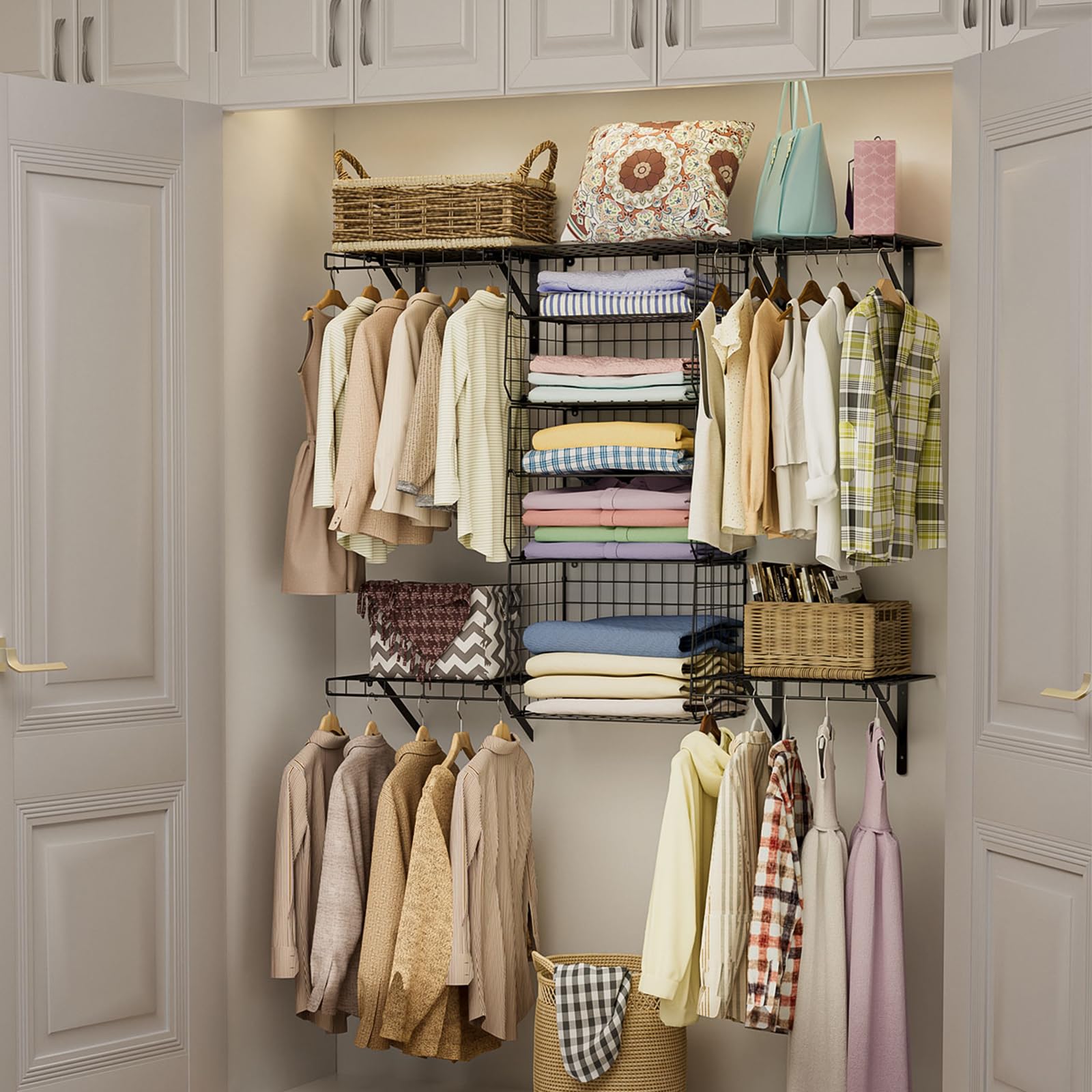 Closet Organizer System Shelf Kit - Wall Mounted Closet Organizers and Storage Rack & Metal Hanging Storage Organizer System Rack Wardrobe with Shelves for Bedroom to Storage Clothes/Bags/Toys