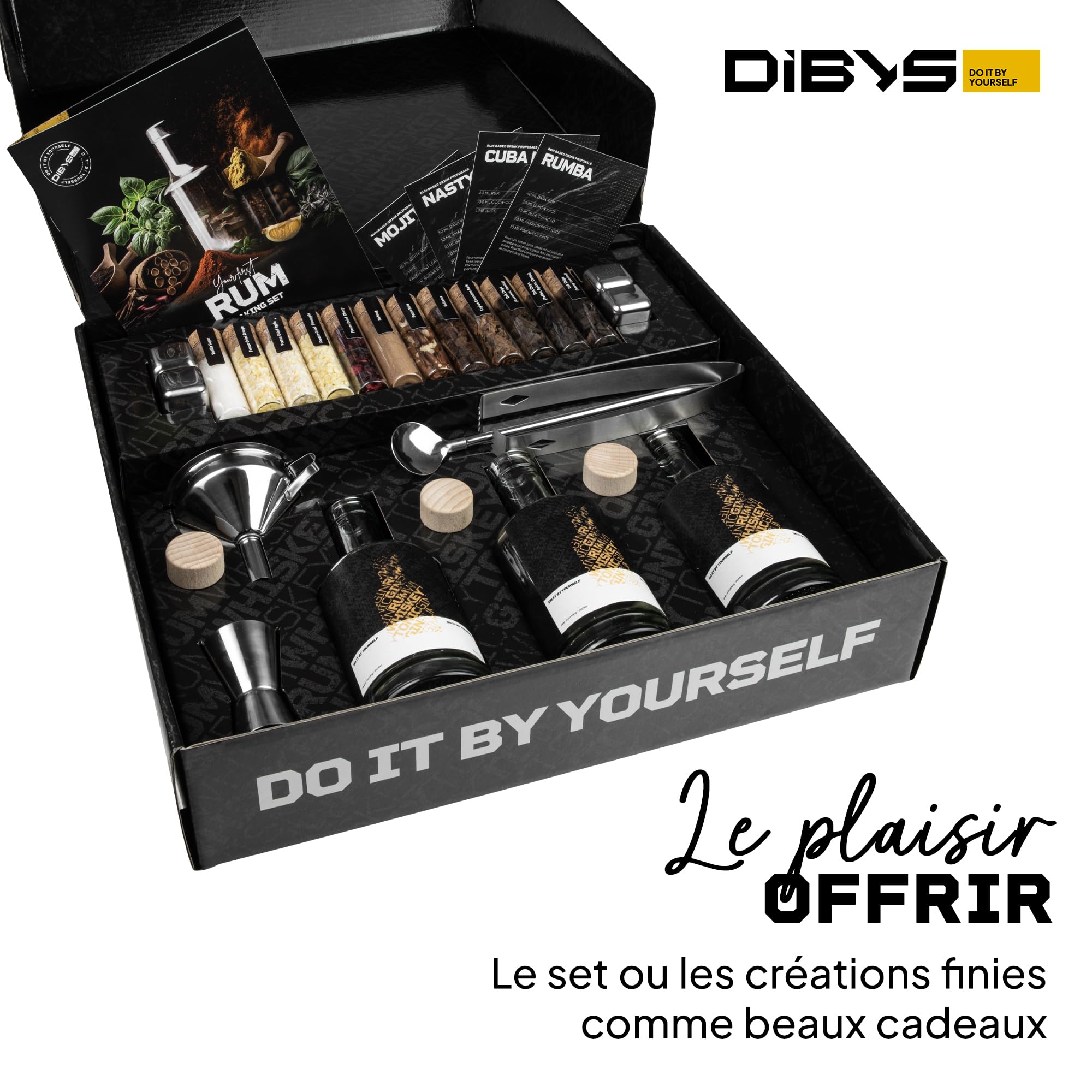DIBYS Kit préparation Rhum arrangé | Coffret avec 12 épices Naturelles et Accessoires | Cadeau pour Homme et Femme | Kit de dégustation de Rhum DIY avec 4 Recettes | Set à Faire soi-même