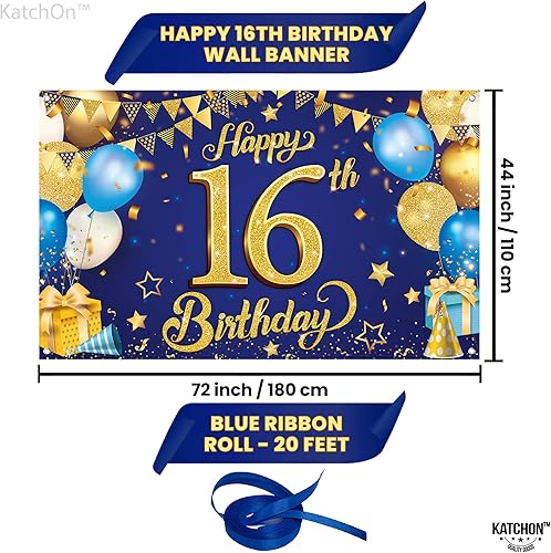 Miniatura 4 de KatchOn, Cartel extragrande de feliz cumpleaños número 16 azul y dorado, 72 x 44 pulgadas, pancarta de fondo para decoraciones de cumpleaños de 16