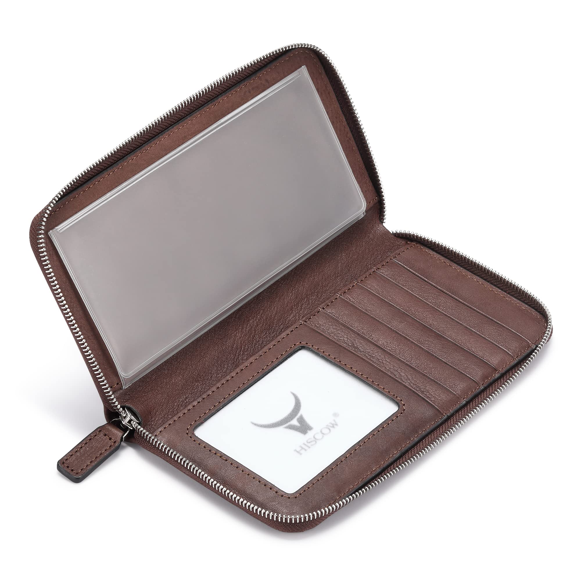 HISCOW Zippered Checkbook Cover & Card Holder with Divider - Italian Calfskin (Aniline Leather Coffee)