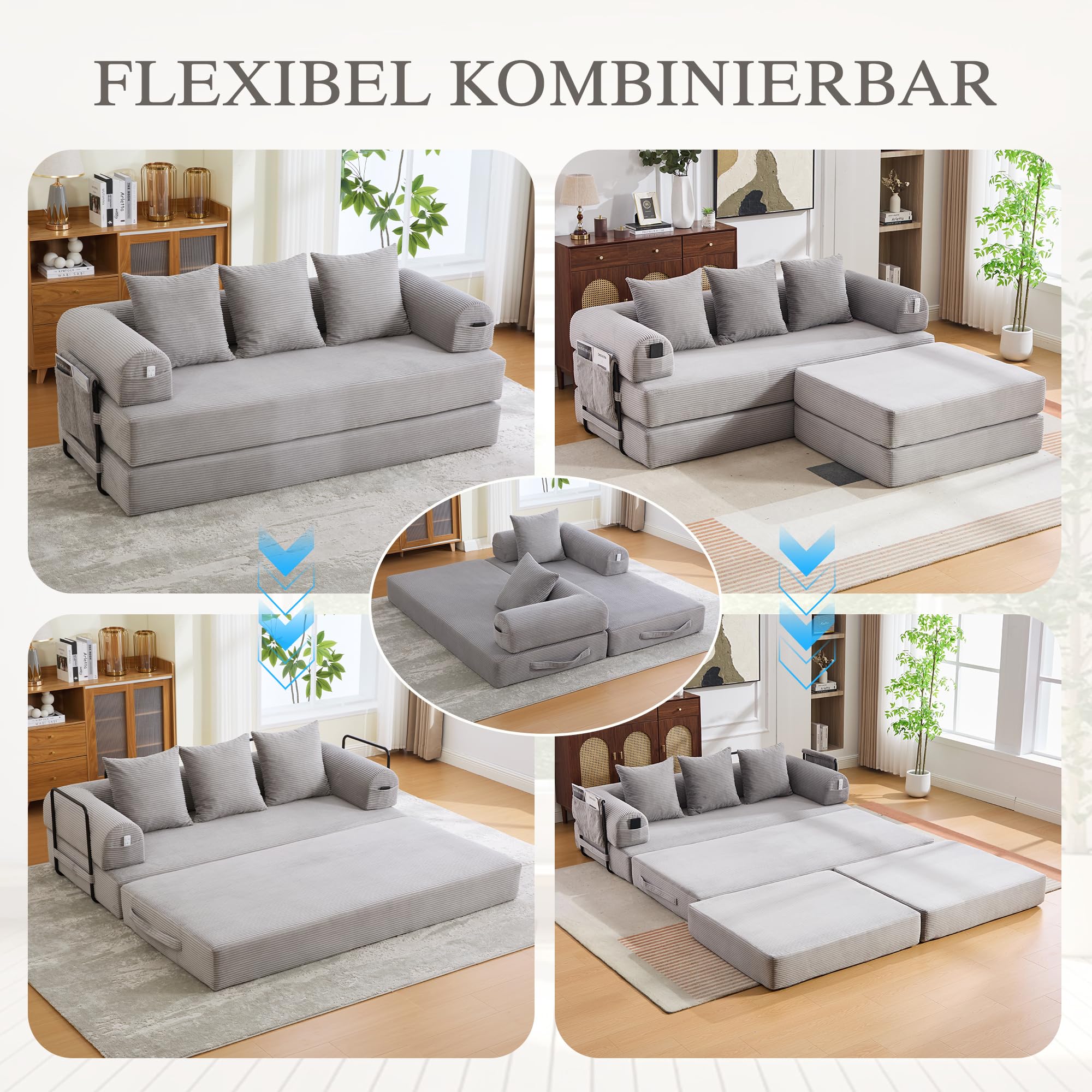 Sofá cama de compresión, 285 x 200 cm, gris claro, taburete modular