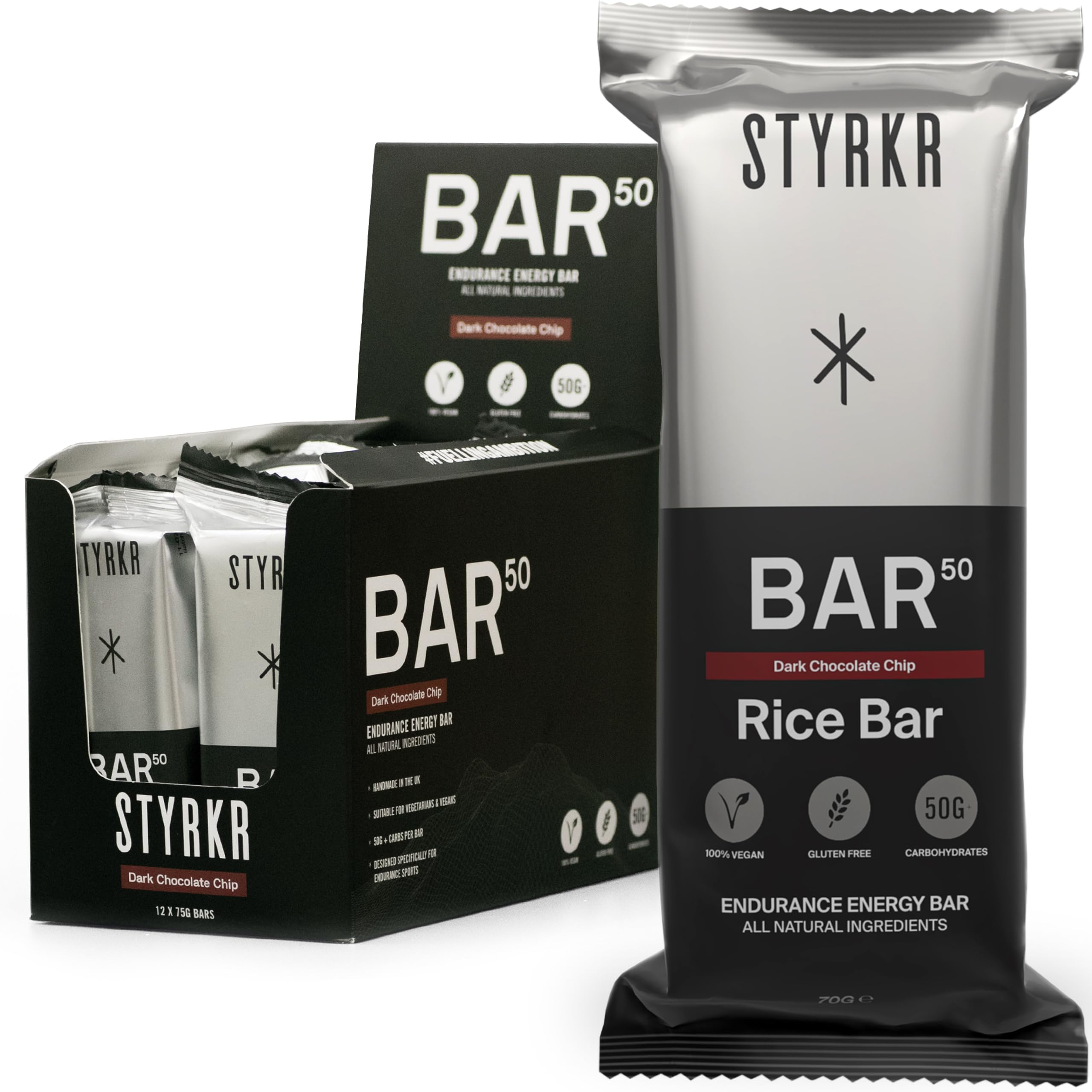 Energy Bars by Styrkr - Pack of 12 Rice Bars for Cycling & Running - Dark Chocolate Chip Flavour - Approved by Endurance Athletes - 50g of Carbs via Advanced Dual-Carb Formulation - BAR50-12x Pack