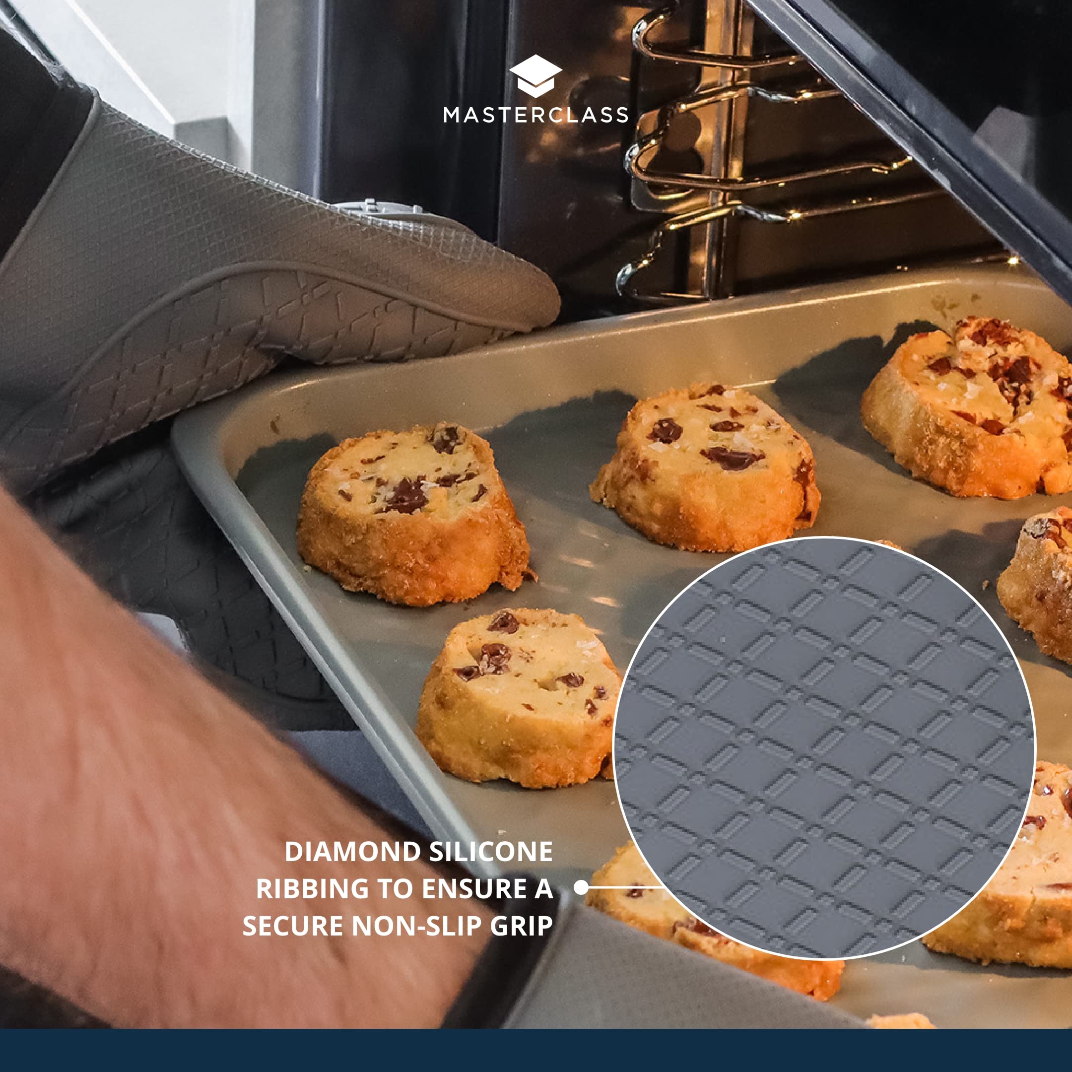 MasterClass Guantes de Silicona Impermeables para Horno, Extra Seguros con Agarre Antideslizante y Manga de Tela