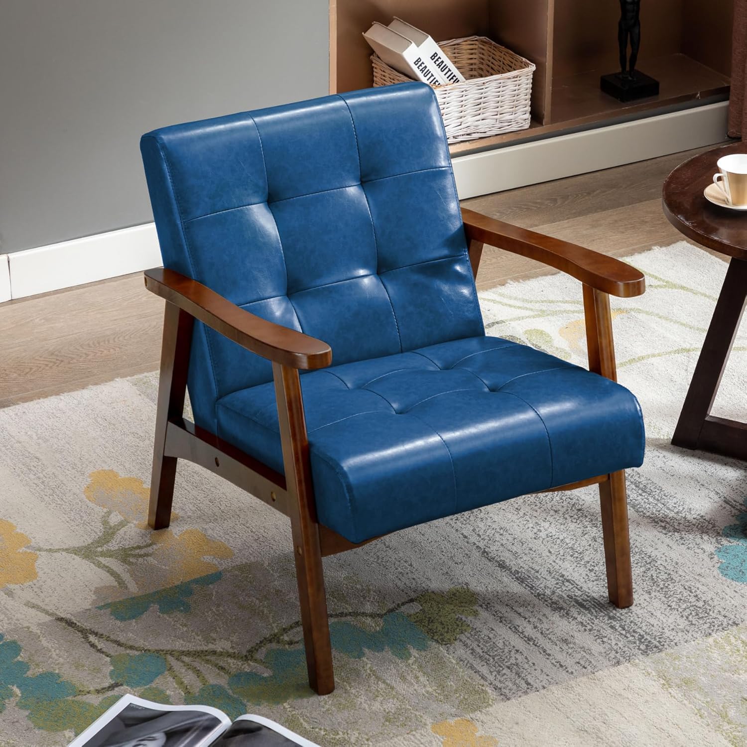 Sillón Retro de Madera Maciza para Salón - Tapizado con Reposabrazos, Marco Medieval - Diseño de Piel Sintética y Roble para Dormitorio, Café, Balcón(Azul)