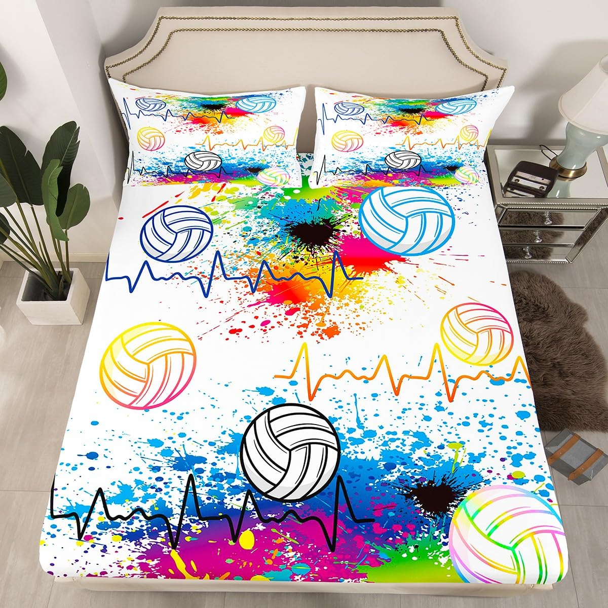 Volleyball Bed Cover 3D Ball Sports Bedding Fitted Sheet for Boys Girls Women Men Watercolor Volleyball Bed Sheet Set Ball Games Decor Bedding Sheets Bedroom Collection 2Pcs Twin Size