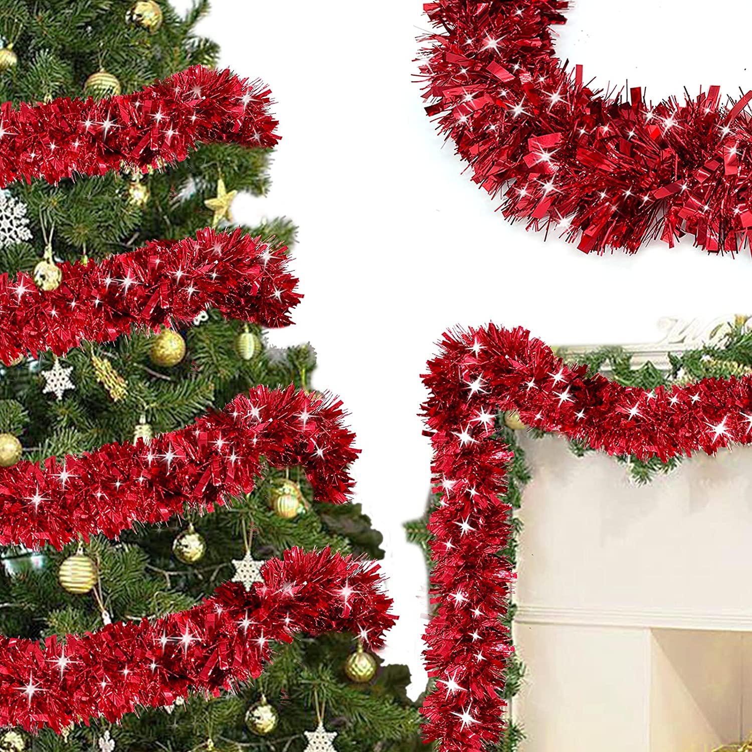 ZKTYQUIHE 4 Pack Total 28 Ft Tinsel Garlands Christmas Tree Decorations