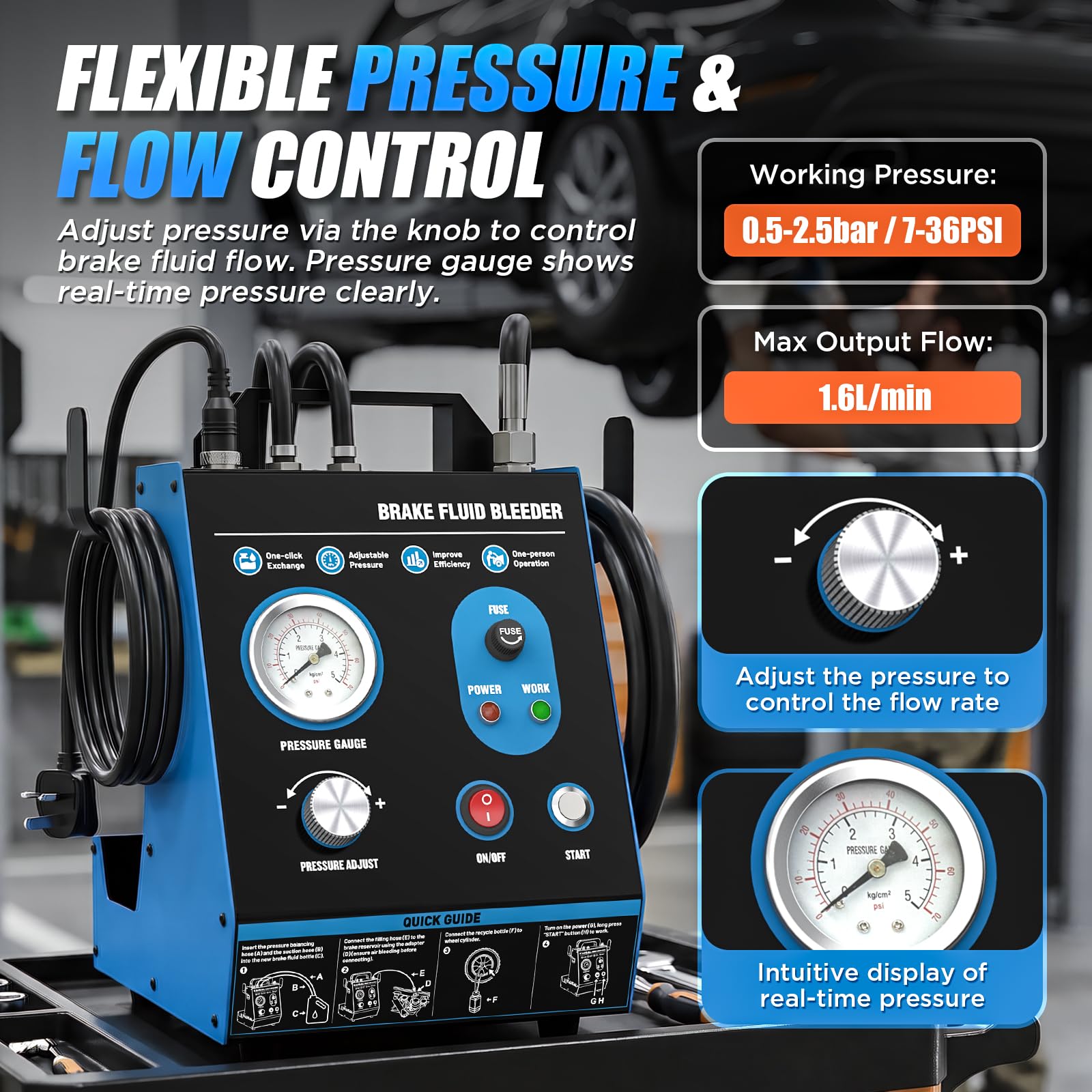 Kit de purga de frenos automática de 220 V, purgador de líquido de frenos de pulso de potencia 7-36 PSI, relleno de vacío sin aire, purga de freno de presión ajustable con protección contra