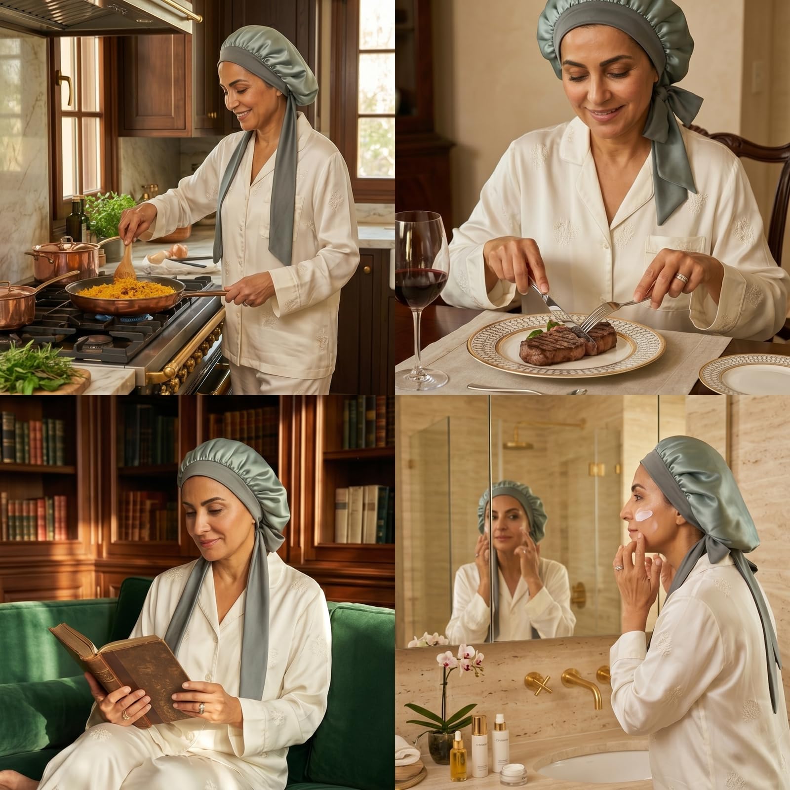 Bonnet de Nuit en 100% Soie de Mûrier - Bonnet Cheveux Nuit Anti-Frisottis | Large Bande Réglable, Chapeau de Nuit en Soie pour Femmes Cheveux Longs Bouclés