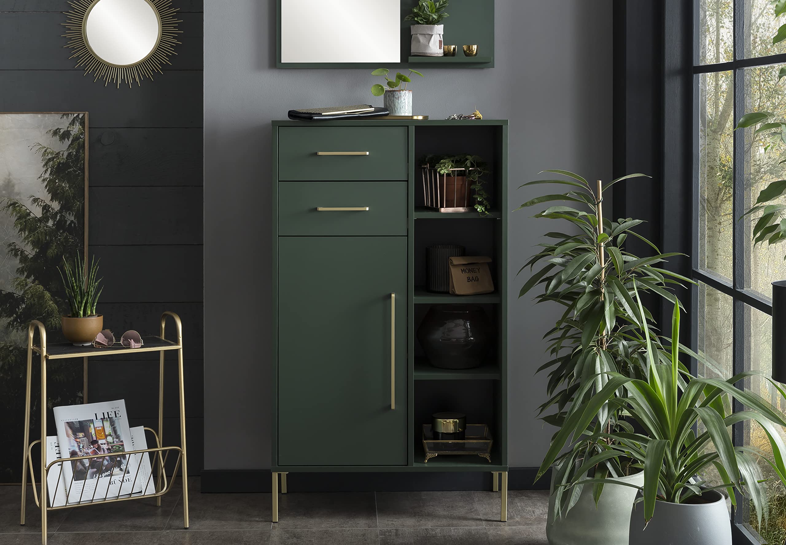 Schildmeyer Kent Highboard 151130, waldgrün/Gold, 67,1 x 33,1 x 117,4 cm