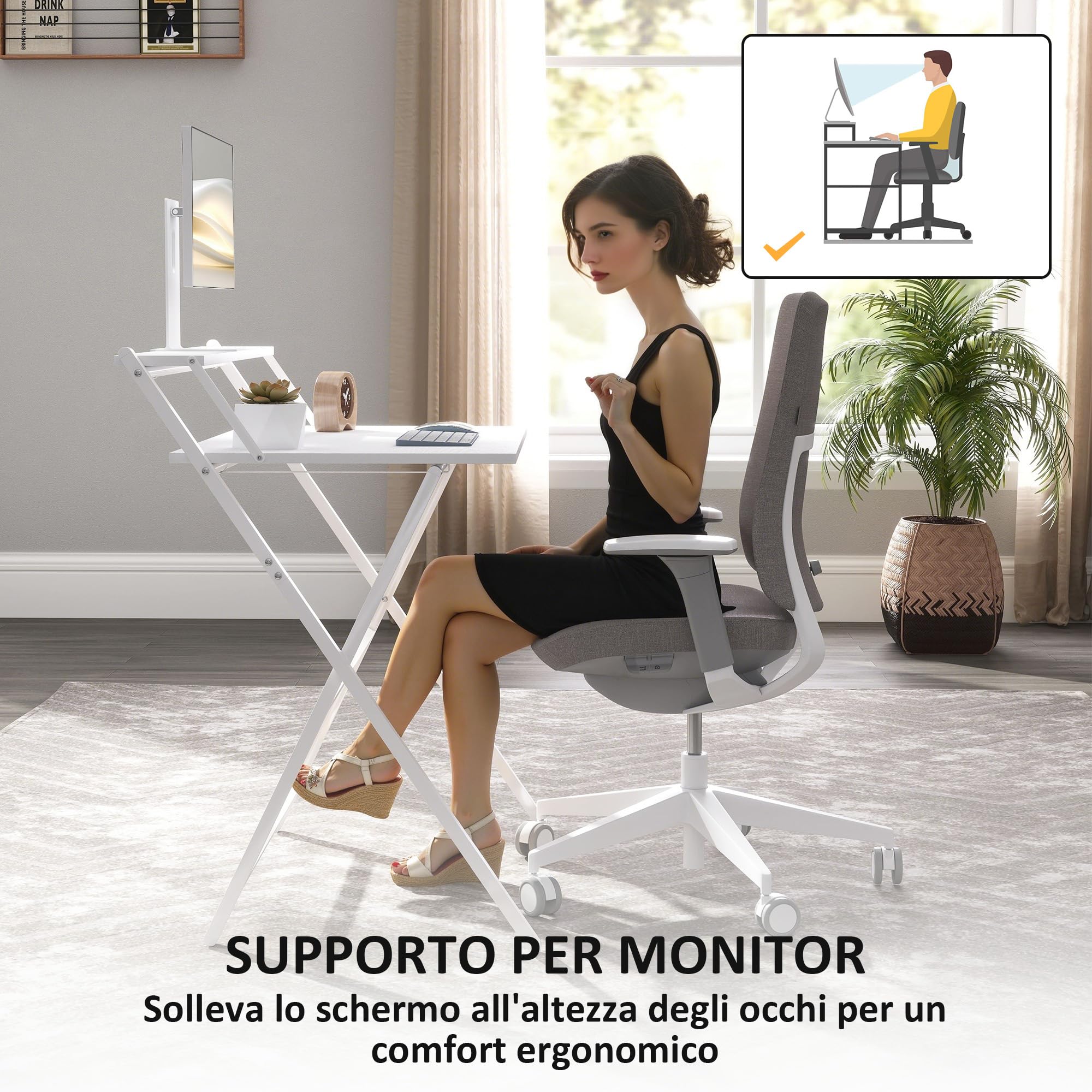 HOMCOM Scrivania Salvaspazio Pieghevole 81.5x62x86.5 cm Bianco | Con Ripiano per Monitor, Tavolo per Computer Piccola, Richiudibile, da Ufficio e Studio, in Acciaio