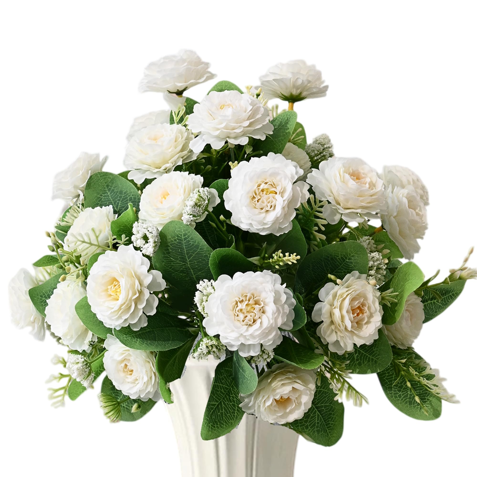 Muted Beauty, Artificial Flowers for home decoration, fake faux silk flower that look real for home decor,living room,bedroom, wedding, gift for housewarming - 4 bundles / 28 blooms, no vase (White)