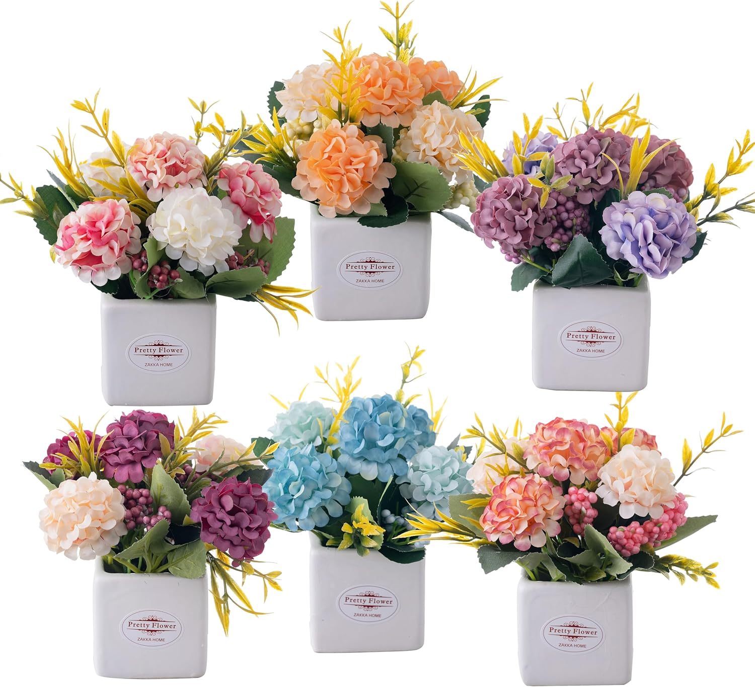 6Pcs Artificial Flowers with Ceramic Pot Small Fake Hydrangea Flowers Arrangements Faux Spring Flowers in Vase Home Spring Decor, Centerpiece Table Decorations for Farmhouse Office Shelf Dining Table
