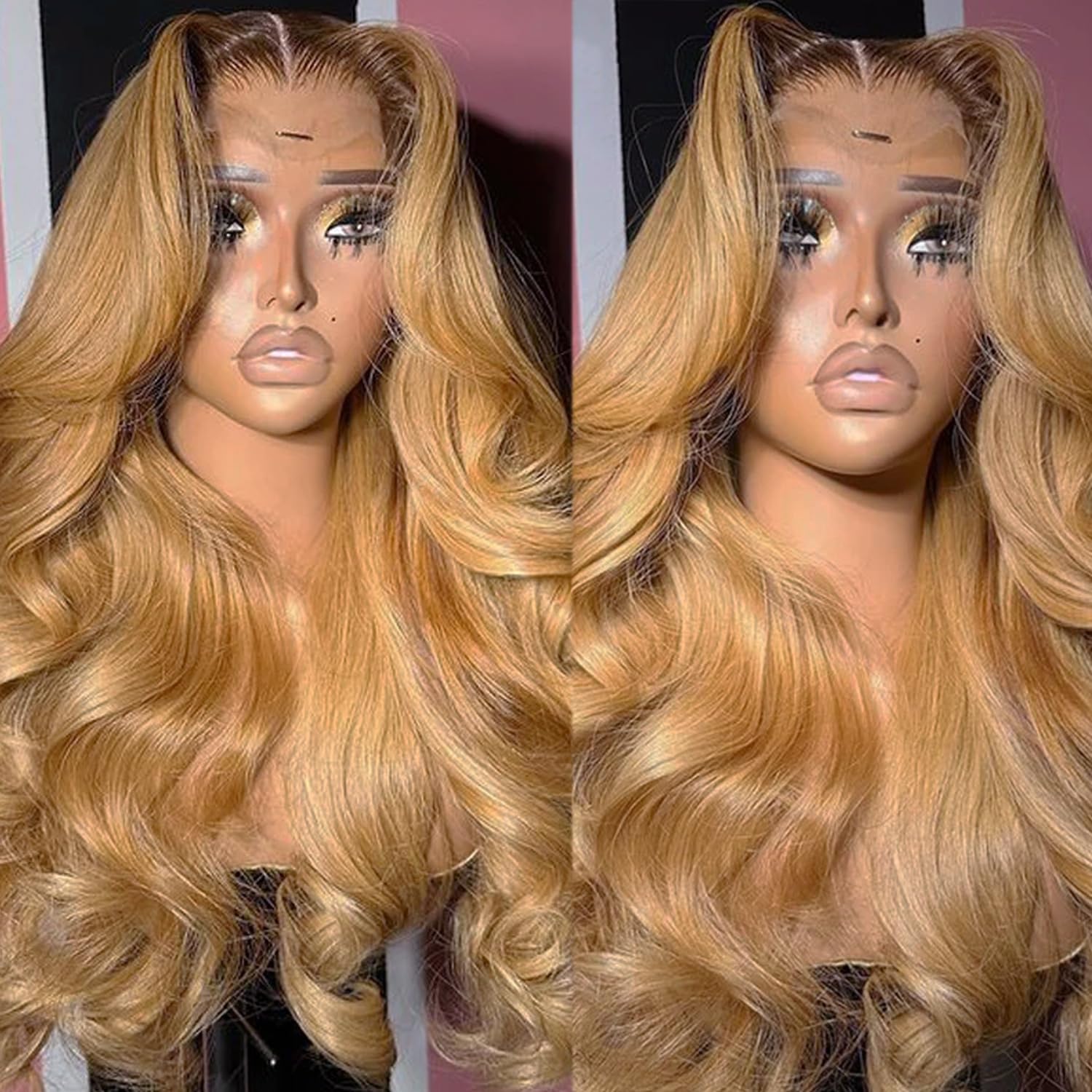 Ombre Honey Blonde Lace Front Wig Human Hair Body Wave 13x6 HD Lace Frontal Wigs Pre Plucked with Baby Hair Loose Curly #4T27 Colored Virgin Human Hair Glueless Wigs for Black Women 180% Density 16”