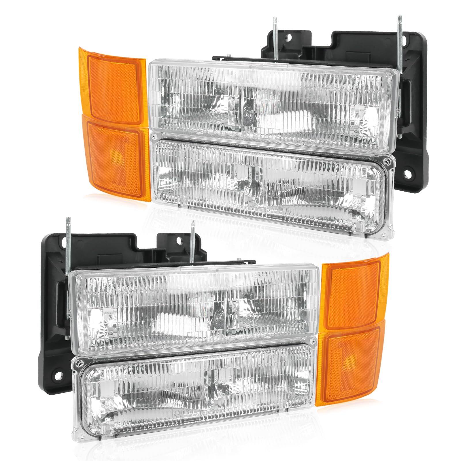 Headlights Assembly Replacement For Chevy Silverado Suburban Tahoe C10 C/K 1500 C2500 C3500 1994-1998, Chrome With Amber Reflector