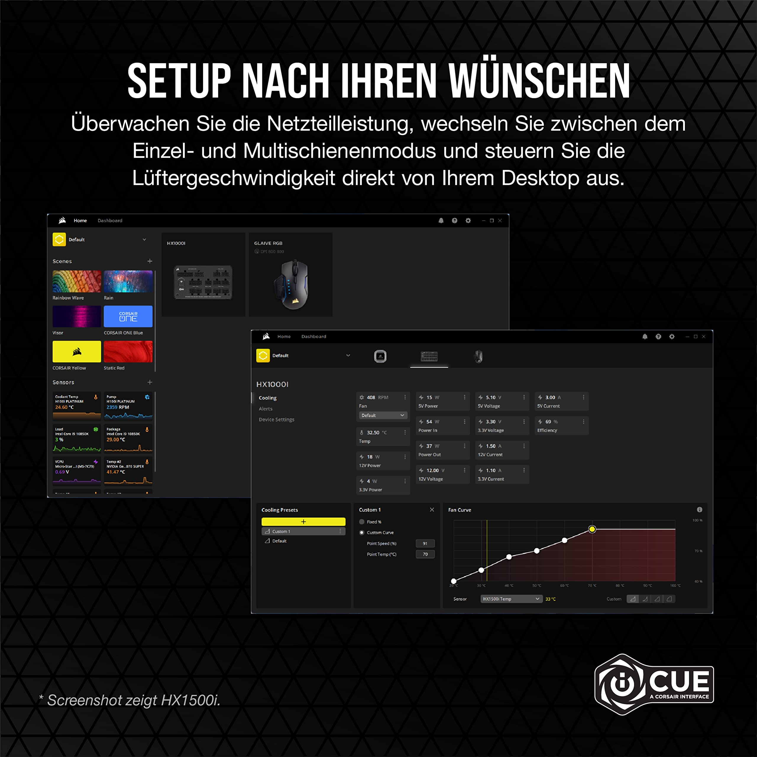 Corsair HX1000i, Vollmodulares, Extrem Geräuscharmes ATX-Netzteil, ATX 3.1 & PCIe 5.1, iCUE Software, 80 Plus Platinum-Effizienz, Schwarz