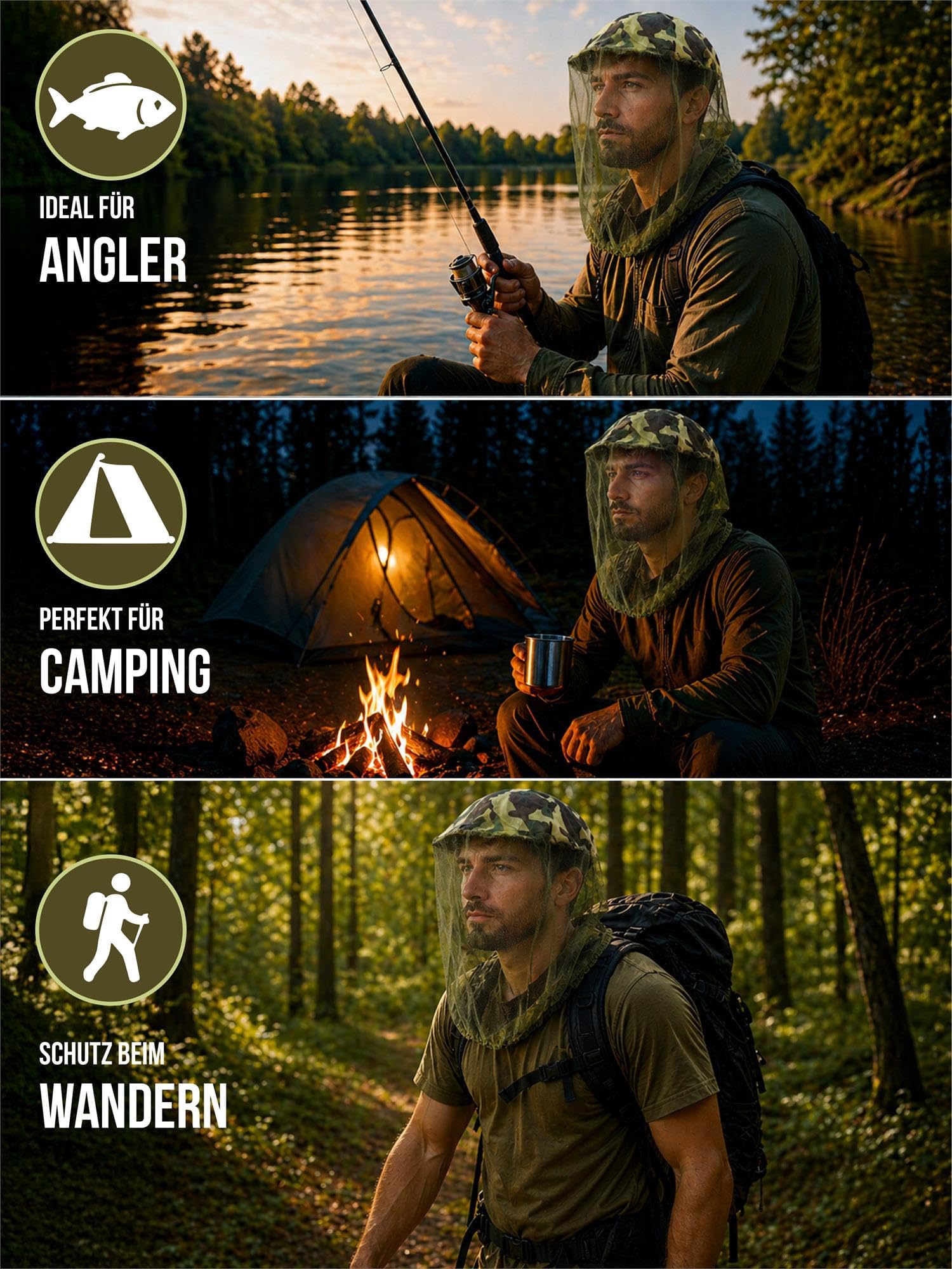 Moskito Kopfnetz – Feinmaschiger Mückenschutz für Gesicht & Kopf – Ultraleichtes Insektennetz für Camping, Wandern, Angeln, Trekking & Outdoor – Atmungsaktiv & Universalgröße Woodland OneSize